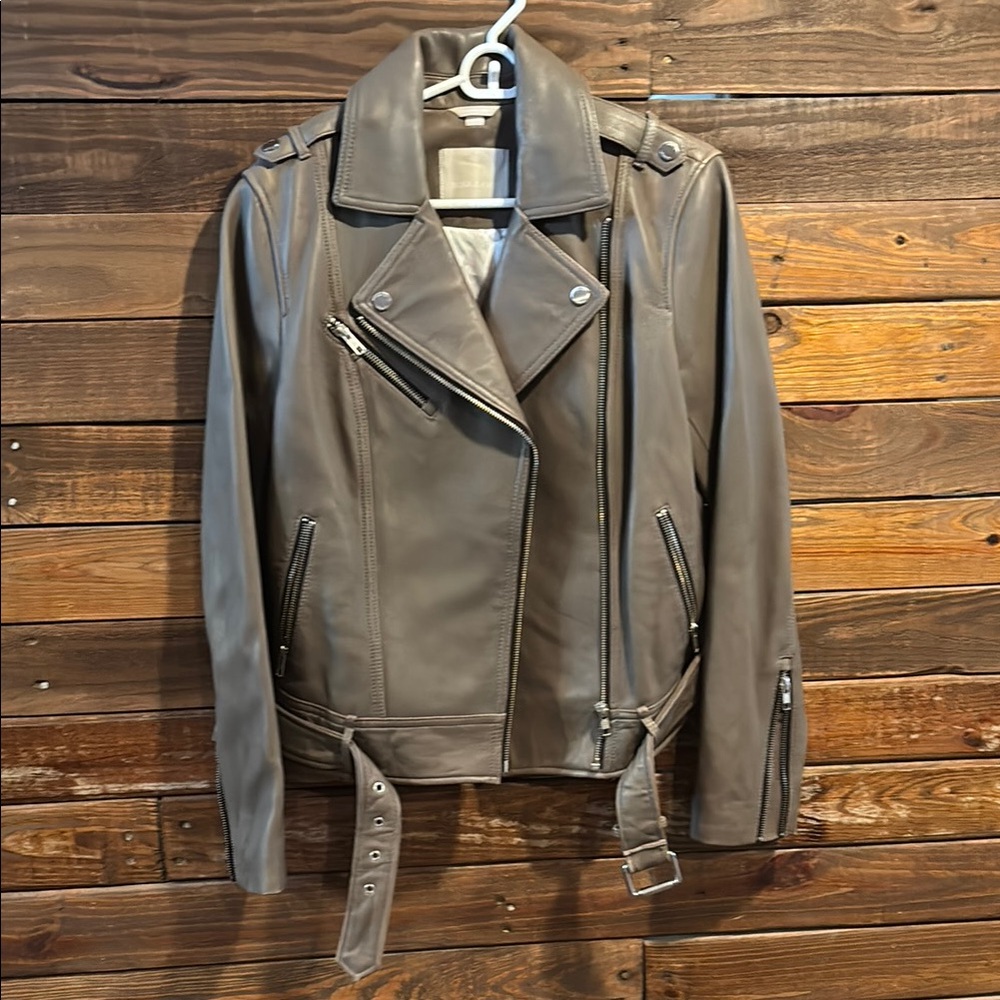 Womens Gray Leather Biker Jacket